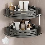 Lekesky Duschablage Ohne Bohren Ecke, Starke Saugnäpfe, Aluminium & Rostfrei, Abnehmbar Badezimmer Regal Duschregal für Bad Küche Mietwohnung (2er Set, Gunmetal Grau)