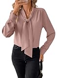 BLENCOT Damen Bluse Langarm Hemdbluse Elegant V-Ausschnitt Casual Tunika Hemd Fliege Knoten Blusen Tops