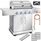 KESSER® Gasgrill Master BBQ mit 800°C Infrarot & Grill-Thermometer, LED-Beleuchtung, Keramik 4+1 Brenner aus Edelstahl XXL Grillwagen Grill, Seitenkocher, 5-11 KG Gasflasche Piezozündung Silber