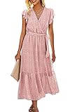 ASOMI Kleid Damen Sommer Boho: Blumen Herbst Wickelkleid Frühling Mode Lang Maxikleid V-Ausschnitt Casual Kurzarm Strandkleid Langarm Rüschen Freizeitkleid mit Gürtel 121 Rosa 38