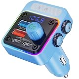 NULAXY 54W Bluetooth 5.3 Auto-Adapter-Ladegerät mit 4 Ports Schnellladung [PD 36W & QC3.0 18W], Wireless Radio FM Transmitter mit Deep Bass Player, 5 Farben LED-Hintergrundbeleuchtung, Hellblau