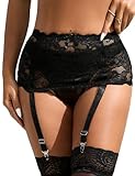 ohyeahlady Strumpfhalter Damen mit Clips Sexy Strapsgürtel Spitze Dessous Große Größen Strumpfgürtel Strapshalter Breit mit Metallclips Garter Belt Strapsen Strümpfe Schwarz XL-XXL