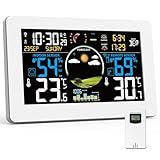 VIFLYKOO Wetterstation Funk mit Außensensor, Thermometer & Hygrometer, Wettervorhersage, Luftdruck, DCF Funkuhr, VA-Display, Batterie- & Netzbetrieb, für Innen & Außen, Weiß