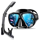 Schnorchelset für Erwachsene und Kinder, Schnorcheln Set mit Dry Schnorchel und Taucherbrille,180°Anti-Leck Anti-Fog Taucherbrille mit Nase für Schnorcheln, Schwimmen und Tauchen (Schwarz)