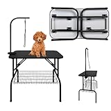 QEENTOE Hundefriseur Tisch Klappbar, Höhenverstellbar - Professioneller Trimmtisch mit Sicherheitsarm&Stauraum - Für Tierpflegesalon & Heimgebrauch, Schwarz-80.5x46x76cm
