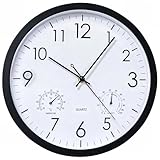 Chedin 30cm Rund Quarz wanduhr ohne Ticken, Wetterfest Mit Thermometer Und Hygrometer, Wanduhr Kinder, Schlafzimmer Lautlos Wanduhr, Wanduhr Groß (Schwarz, 12inch