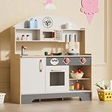 XJD Kinderküche Spielküche Holz mit Küchenzubehör, Kleinkind-Spielküche für Kinder ab 3 Jahren, Puppenküche, Geschenk für Mädchen und Jungen(Einfach, Grau)