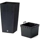 Prosperplast Blumentopf in Rattan-Optik Pflanzkübel mit Einsatz | 26,5 x 26,5 x 50 cm | anthrazit | wetterfest & UV-beständig | aus robustem Kunststoff | für Innen- und Außenbereich