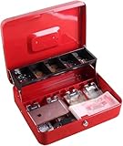 Supermarkt Kasse, Tragbarer Ladenkassenkasten Metallspardose Kassierer Münzbehälter mit Deckel Manuelle Registrierkasse(Red)