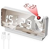 Wecker Digital mit Projektion, Projektionswecker LED-Anzeige mit USB Ladegerät, Reisewecker Projektionsuhr für Schlafzimmer Büro Küche - Weiß