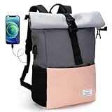 MoFut Rucksack Damen Groß Schulrucksack viele Fächer mit 15,6' Laptopfach, Unisex Rolltop Rucksack Wasserdicht, Lässiger Backpack Schule Freizeit Uni Arbeit Wandern.
