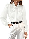 CUPSHE Damenhemd aus glänzendem Satin, mit Fliege, langärmelig, hoher Kragen, für Arbeit, lässiges Hemd, weiß, Large