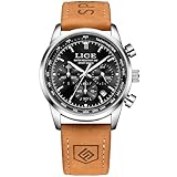 LIGE Uhr Herren Chronograph Edelstahl Wasserdicht Analog Quarz Männer Uhren Braun Lederarmban Herren Armbanduhren Mit Datum Leuchtende Business Casual Retro Sport Men's Watches,Silber Schwarz
