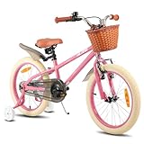HILAND 18 Zoll Kinderfahrrad für Mädchen Jungen 5 6 7 8 Jahre mit Stützräder, Handbremse und Rücktrittbremse Korb Rosa