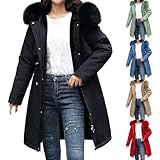 Winterparka Damen Schwarz, Wintermantel Damen Lang Warm Gefüttert Trenchcoat Wasserdicht Steppjacke Übergangsjacke Grosse Grössen Übergangsjacke Reißverschluss Kapuzenjacke Elegant Jacke