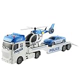 Auirshiky Polizei Transporter, Reibungsbetrieb Autotransporter, Polizei Lastwagen Spielzeug, Polizei Tieflader mit Polizeiauto und Hubschrauber Geschenk für Jungen 3, 4, 5, 6+ Jahren