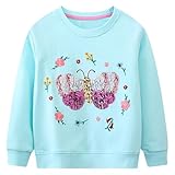 Baogaier Mädchen Pullover Langarmshirt Baumwolle Atmungsaktiv Sweatshirt Casual Warm Herbst Winter Kleidung Tops für Kinder, Blauer Schmetterling Pailletten, GR.116-122