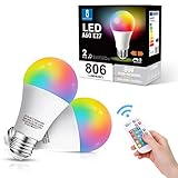 Aigostar LED E27 Lampe Farbwechsel, 8W äquivalent 60W, RGB Glühbirne mit Fernbedienung, Dimmbar Farbige Leuchtmittel, 15 Farben, LED Birne Warmweiß 3000K, 806LM, 2er Pack