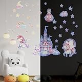 VINEST Einhorn Leuchtsterne Kinderzimmer Deko, Wandtattoo Kinderzimmer Mädchen, Blau Leuchtsterne Selbstklebend Wandsticker, Regenbogen Wandaufkleber Kinderzimmer Fluoreszierend für Babyzimmer