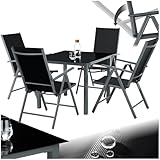tectake® Gartenmöbel Set mit Tisch und 4 klappbaren Stühlen mit Verstellbarer Rückenlehne, Aluminium Gartenmöbel 4+1, Sicherheitsglas Tischplatte, Gartentisch mit Stühlen, wetterfest - anthrazit