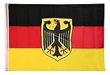 Deutschland Flagge mit Adler 90x150 cm, Fahne aus Stoff mit doppelt umsäumten Fahnenrand, 2 Messing-Ösen zum Hissen, für Fahnenmast, Deutsche Nationalflagge