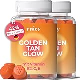 yuicy Golden Tan Glow Beta-Carotin Gummibärchen. Hochdosierte Hautvitamine für langanhaltende Bräune und gesunde Haut. Mit Lutein, Zeaxanthin & 5 weiteren Essentials. Vegan, Made in Germany. 120Stk