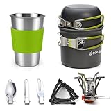 Odoland Camping Geschirr Set 10-teiliges Outdoor Kochgeschirr Aluminium Camping Töpfe Becher Faltbare Besteck Mini Campingkocher für Outdoor Picknick Wandern