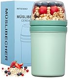 Mitsemmo Müslibecher to Go 600ml+270ml,Joghurtbecher to Go Kinder mit Löffel,Müsli Cup Cornflakes to Go Becher,Müslibecher Müslidose Müslischale Frühstücksdose Müslibox Joghurt Box to Go (Nordic Grün)