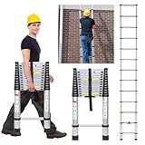 Fiqops Teleskopleiter 5m Ausziehleiter Rutschfester, 150 KG/330LB Belastbarkeit Anlegeleiter,Leiter Ausziehbare Teleskopleiter Aluleiter Mehrzweckleiter