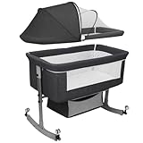 bephible Nachtbett, 3-in-1-Nachtbett mit Aufbewahrungskorb, 6-stufig höhenverstellbares Babybett mit Moskitonetz, tragbares Baby-Reisebett für Neugeborene von bis 3 Jahren (bis zu 10 kg) Schwarz