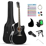 Moukey Acoustic Guitar kits for Beginners, Adults, 41 Inch 4/4 Guitarra Acustica with Chord Poster, Gig Bag, Tuner, Steel Strings, Capo, Strap, Black
