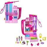 Polly Pocket Barbie-Traumvilla-Schatulle, Puppenhaus-Spielset mit 3 Mikropuppen, 1 Hündchen, 11 Zubehörteilen, Aufzug & Pool, HWP11