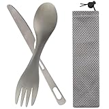 2pcs Besteckset mit Grau Bestecktaschen Drawstring,Titan Löffel/Spork 2 in 1+Tischmesser,Göffel Titan,Titan Besteck,Reisebesteck,Titanium Camping Utensilenset,Tragbare,für Büro,Schule,Picknick