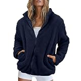 Fleecejacke Damen Stehkragen Teddyjacke Reißverschluss Plüschjacke Frauen Freizeit Kuscheljacke Flauschig Jacke Winter Einfarbig Winterjacke Damen Warm Dicke Elegant Mantel Weich Bequem