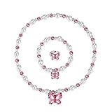 IOSPKKIO® Schmetterlings-Stretch-Halskette, kleines Mädchen Kleinkind Halskette Armband-Set, Inklusive rosa Beutel, kleine Prinzessin Schmuck Kinder Halsketten