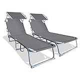 VOUNOT 2er Set Sonnenliege mit Dach, Klappbare Strandliege, Gartenliege Liegestuhl, Sonnendach und Rückenlehne Verstellbar, 190 x 58 x 27 cm, Grau