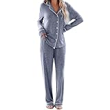 riou Wärmflasche Damen Women's New Set of Home Clothes with Pocket Buttons Long Sleeves and Tie Up Pants Nicki Hausanzug Damen Kurzgröße (Blue, S)