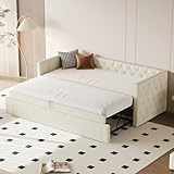 Polsterbett Ausziehbares Schlafsofa, 90*200 cm, Klassische Vollform mit Knöpfen, Mit Lattenrost, Multifunktionales Bett-Gästebett, Hautfreundlicher Samtstoff, Beige (Matratze nicht enthalten)