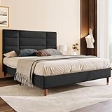Merax Polsterbett 140x200 cm, Doppelbett, Bett mit Bettkasten Lattenrost, Gepolstertes Bettgestell mit Kopfteil, in Schwarz Leinen, für Erwachsene&Jugendliche(Matratze Nicht enthalten)