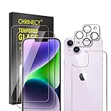 CHRINECY [2+1+2er-Pack] 2 Pack gehärtetes Glas für iPhone 14 Plus Displayschutzfolie + 1 Packung Rückseite Displayschutzfolie + 2 Pack Kameraobjektivschutz, 9H Härte, stoßfest, kratzfest, keine Blasen