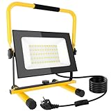 papasbox 50W LED Baustrahler mit Stecker Schalter | Baustellenlampe Scheinwerfer 3000K Warmweiß Baustellenstrahler | IP66 Wasserdicht Arbeitsleuchte Baulampe für Werkstatt Baustelle