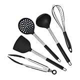Mobestech 5 Stück Teiliges Silikon kochgeschirr Antihaftbeschichtet Hitzebeständig Geräuscharm Küchenhelfer Zuhause und Restaurant Schwarz Inklusive Spatel Schöpfkelle Sieb Zange und