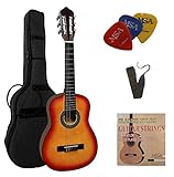 1/4 GITARRE - KONZERTGITARRE IM SET - KINDERGITARRE - CLASSIC - SUNBURST - DECKE LINDENHOLZ - TASCHE - BAND - SAITEN - 3xPIK