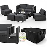 Juskys® Polyrattan Gartenmöbel Set Salou inkl. Abdeckung - Outdoor Lounge wetterfest 6 Personen - Sitzecke mit Tisch & Kissen für Garten, Balkon, Terrasse - Schwarz