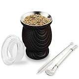 binsakao Yerba Mate Gourd, Mate Cup und Bombilla Set, Edelstahl, doppelwandig, Mate-Becher mit Bombilla Yerba Mate Strohhalm, Reinigungsbürste und Deckel, 240 ml, schwarzes Muster