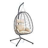 Wiltec Hängesessel für Indoor und Outdoor, Hängestuhl aus Rattan, Korbsessel bis 130 kg, Hängeschaukel mit Gestell und Sitzkissen