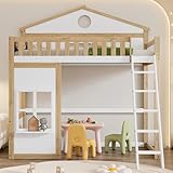 Merax Hochbett für Kinder, Kinderbett Etagenbett 90x200cm mit Sicherheitsleiter, Rausfallschutz & Lattenrost, Hausbett mit Dach & Fenster, Spielbett für Jugend, Kiefer+MDF, Ohne Matratze, Weiß+Natur
