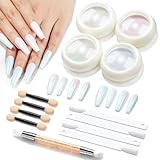 Modelones Chrome Nail Powder Glitzer Nägel Puder Chrome Nagelpuder Nail Art Glitzer Nägel Puder für DIY Salon- 13PCS mit 4 Gläser Perle Puder &4 Applikatoren&4 Nagel Sticks&1 Detailstift