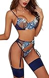 Kimlyf Dessous Damen Sexy Unterwäsche Reizwäsche Dessous Sexy Set für Damen mit Strapsen mit Spitze mit BH und Slip mit Beinbändern 4 Stück innen Dunkelblau M