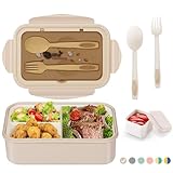 LUZOON Lunchbox Bento Box Brotdose Erwachsene 1400ml mit 3 FäChern für Kinder inkl. Besteck Jausenbox für Mikrowellen Und SpüLmaschinen, Schule Arbeit Picknick Reisen (Khaki①, 1400ml)